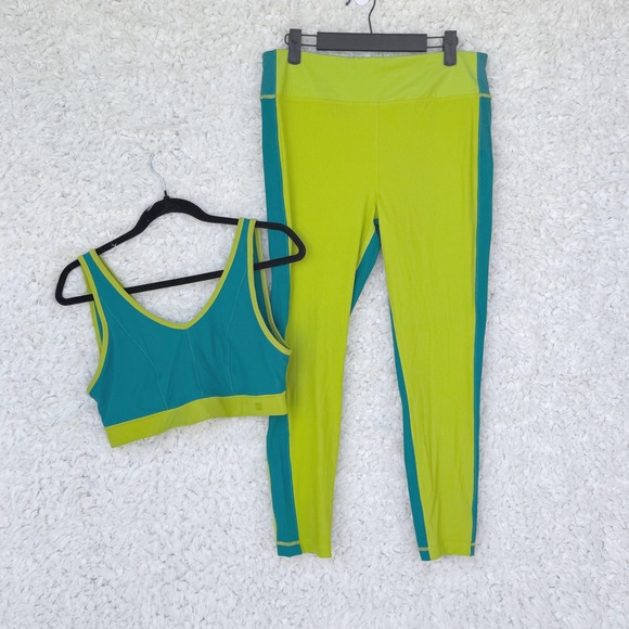 Fila Activewear Set Teal & Lime Green 3 Piece Set 2 Sports Bra & Leggings Large - Picture 1 of 5